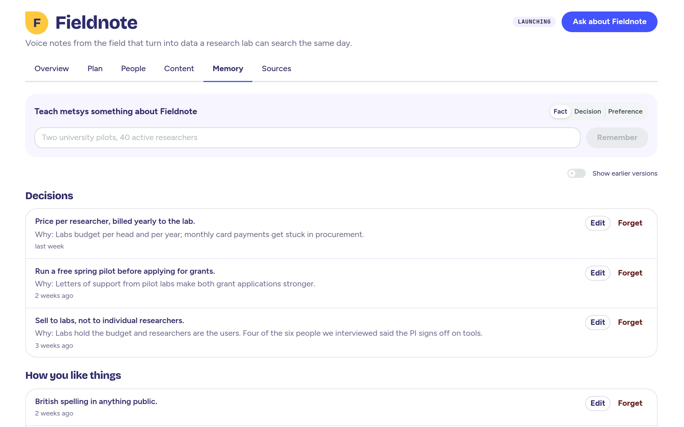 A project's Memory tab: decisions with their why, preferences and facts